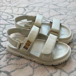 Dior Cream Sandals with Gold Lettering